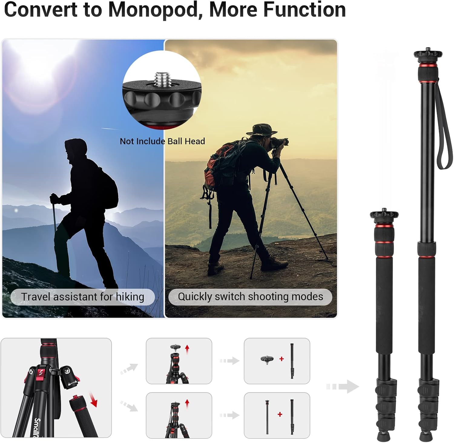 Thumbnail 6 de SMALLRIG Trépied/monopode en aluminium pliable 3983, compatible têtes 1/4-20 et 3/8-16