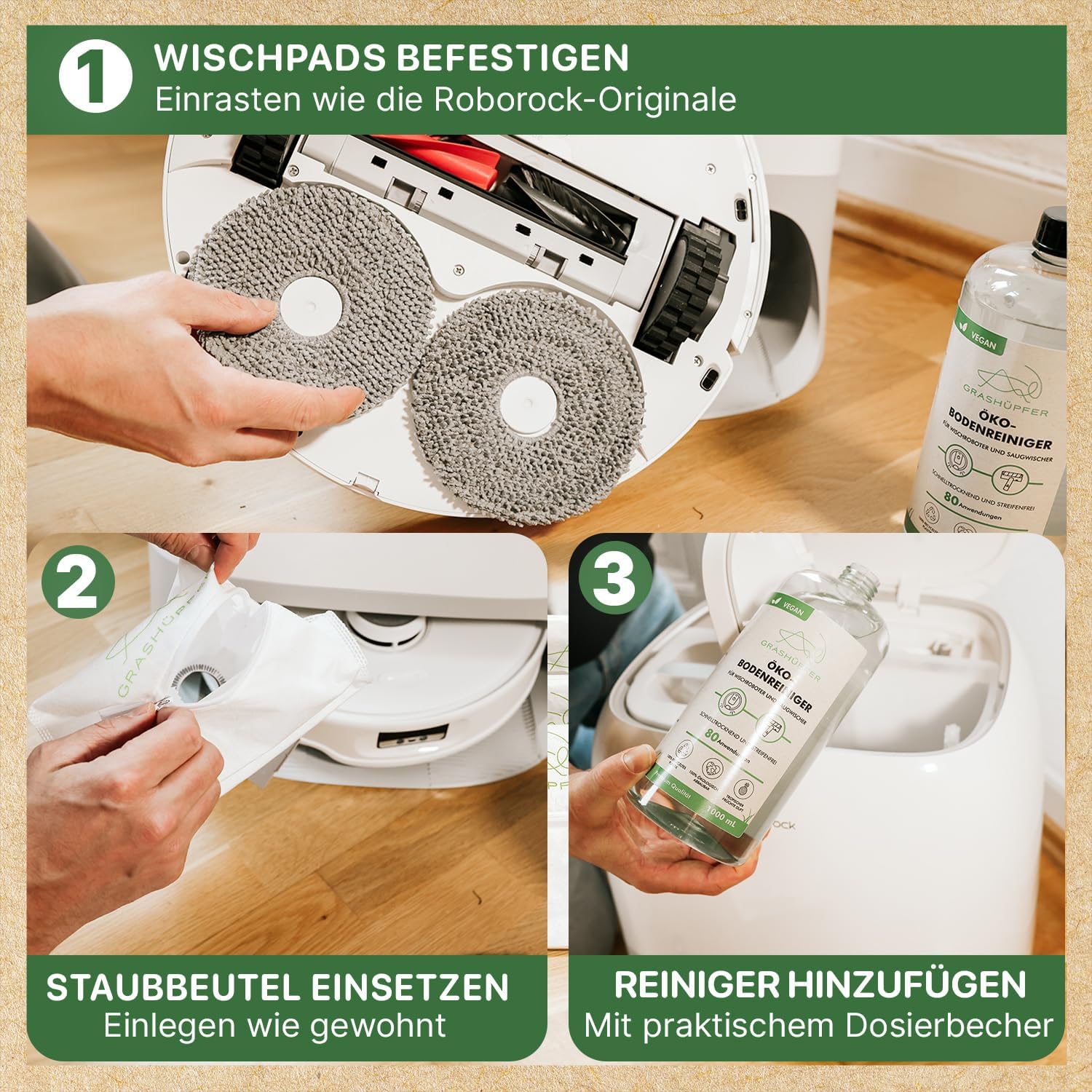 Thumbnail 3 de GRASHÜPFER® Zubehör-Set für Roborock Qrevo/Saros: 2× Öko-Bodenreiniger, wiederverwendbare Staubbeutel & waschbare Wischpads