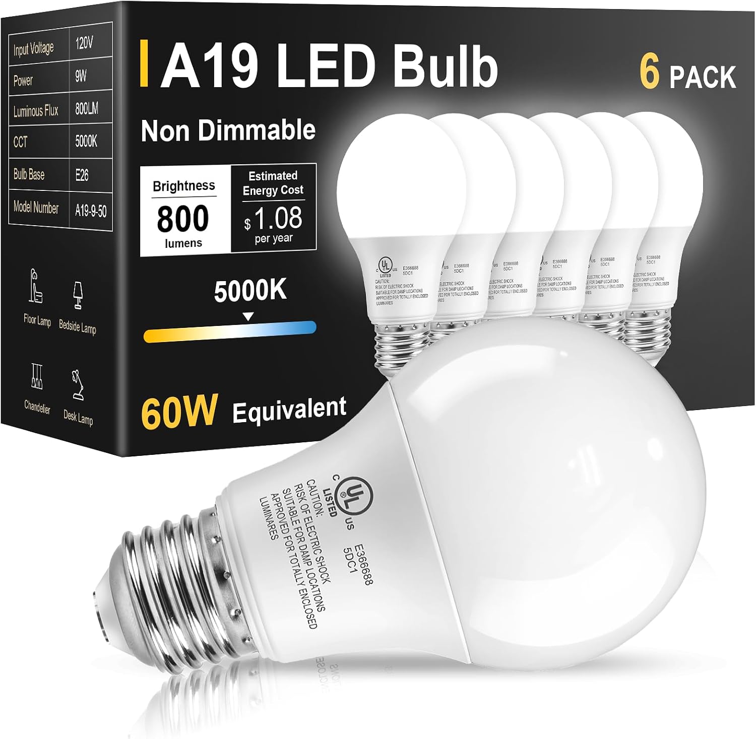 Detalle de TJOY A19-9-**/B1BF/11/3J LED Bulbs, 6-Pack, 5000K Daylight White