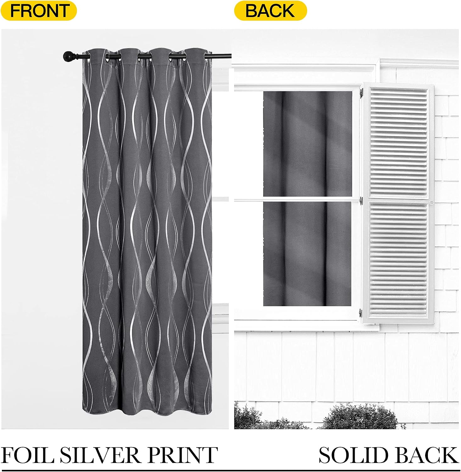 Detalle 2 de PONY DANCE Blackout Curtains (Silver Wave Foil Print) – Grey, 2 Panels, Thermal Insulated Eyelet Ready Made
