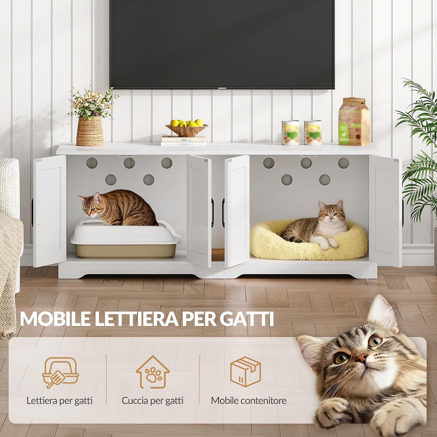 Detalle de Fobyfurny Mobile Lettiera per Gatti a Due Posti con Mobiletto Nascosto e Tappetino Graffiante (Bianco, 140 x 50 x 55 cm) – Versatile e Discreto