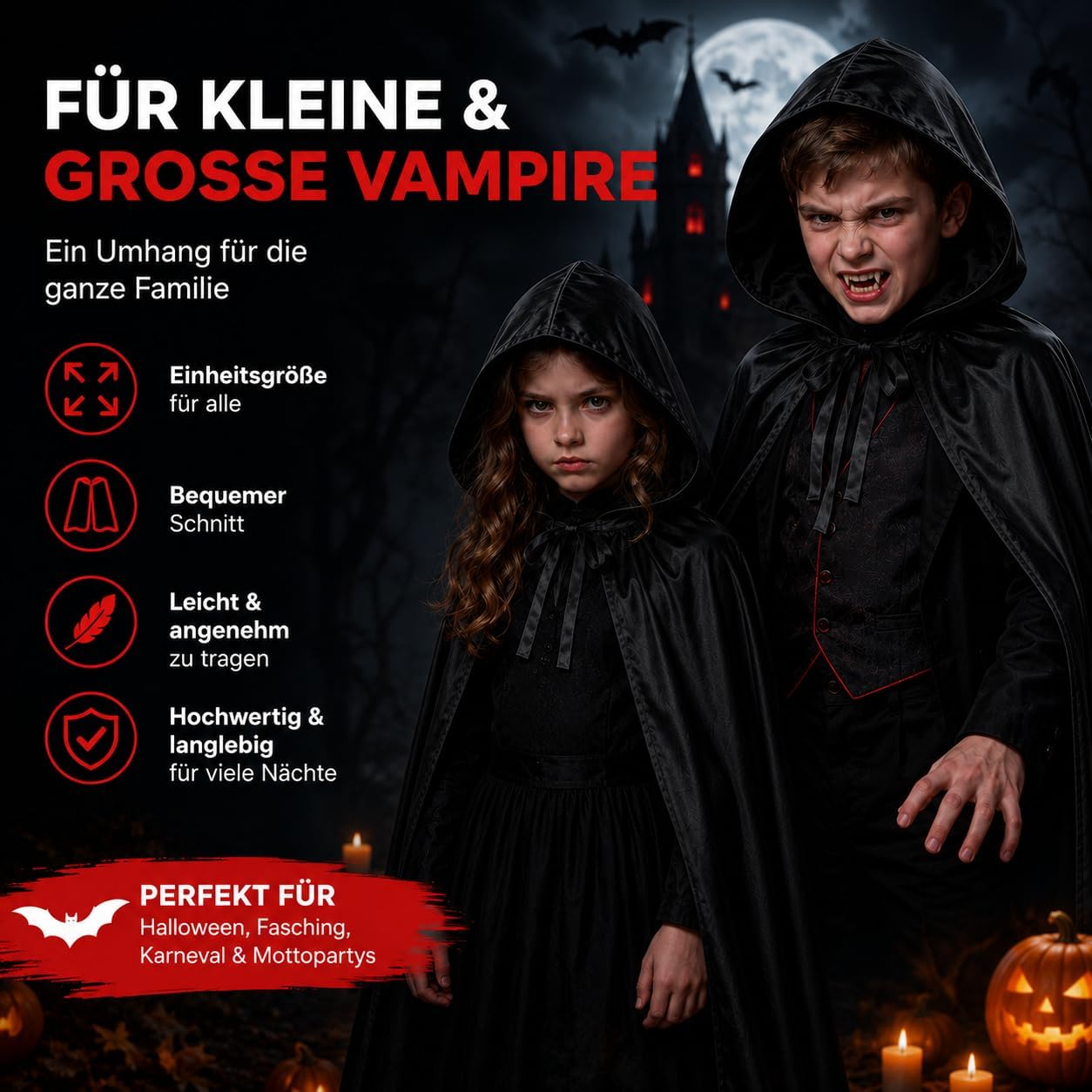 Detalle de FASCHINFEVER ff-003 – peleryna wampira z kapturem na Halloween, rozmiar uniwersalny