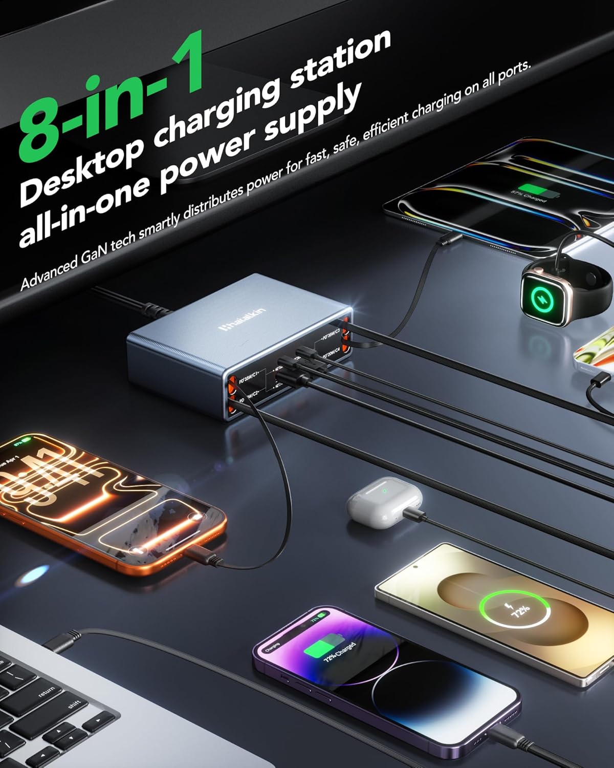 Thumbnail 2 de 8-in-1 Retractable Charger Dock with 105W GaN Power for 8 Devices