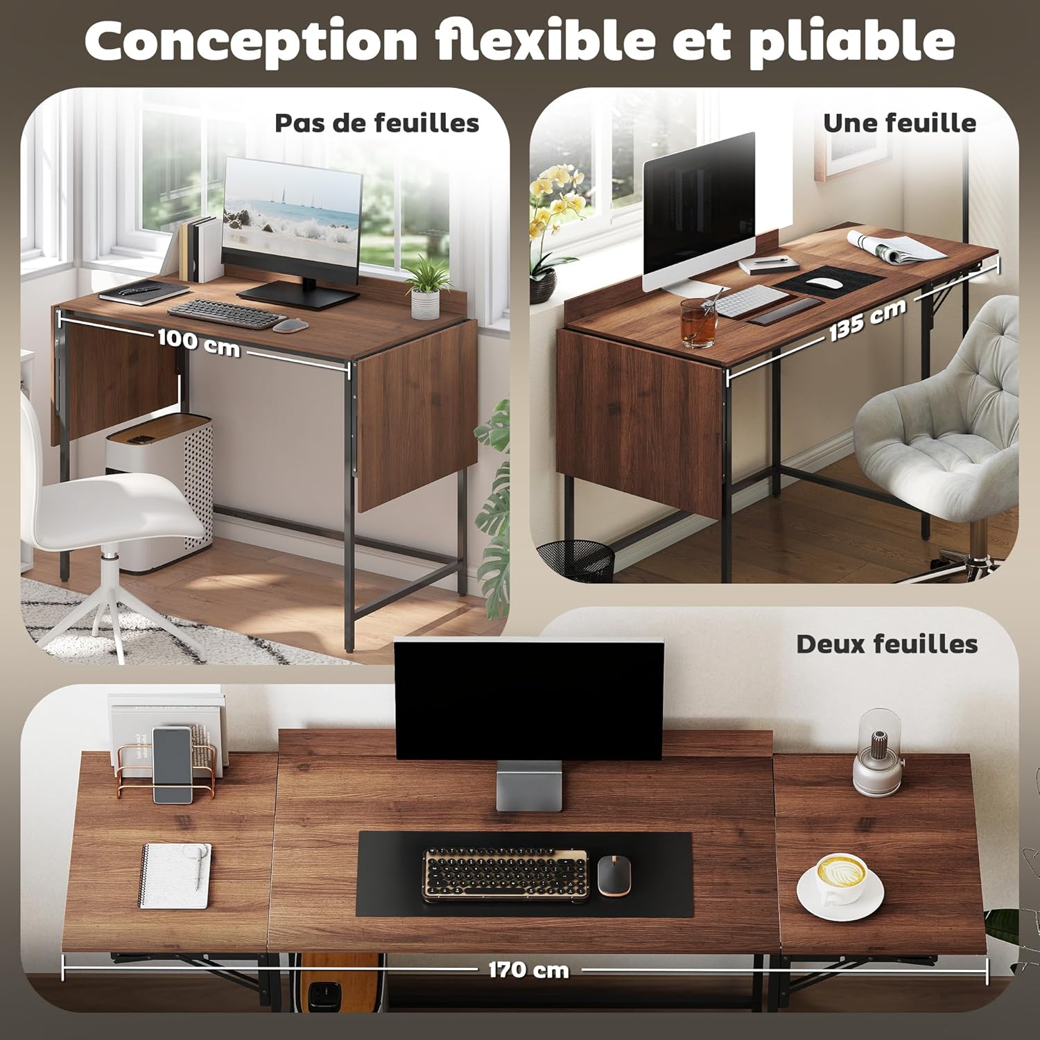 Thumbnail 3 de HOMCOM Bureau Pliant Table d'ordinateur 170 x 58 cm – Bois moderne, pliable, pour deux écrans