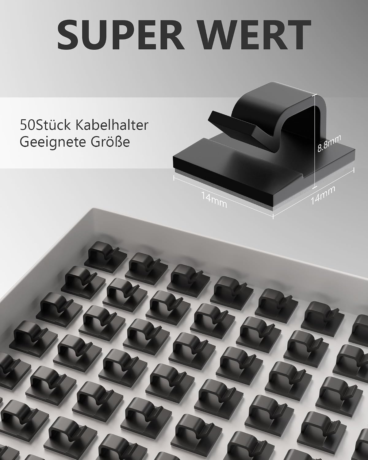 Detalle 2 de Tesmax 50 selbstklebende Kabelhalter (Kabelclips) in Schwarz für sauberes Kabelmanagement
