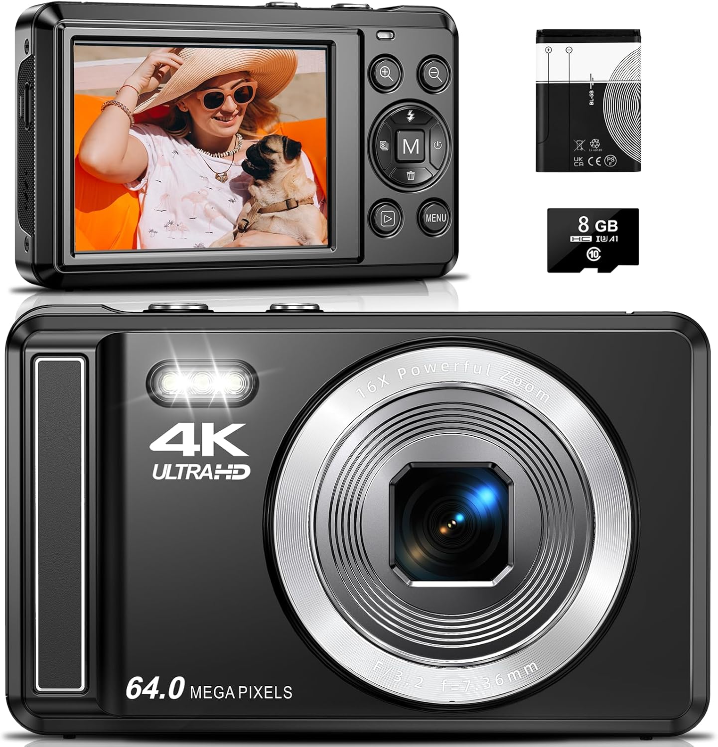 Detalle de Digitalkamera 4K 64MP – kompakte Autofokus-Kamera mit 2,8 Zoll, Macro, Webcam-Funktion & 1200 mAh Akku