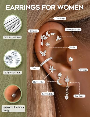 Detalle de CASSIECA 21Pcs Helix Piercing Jewellery – Hypoallergenic Flat Back Earrings Set