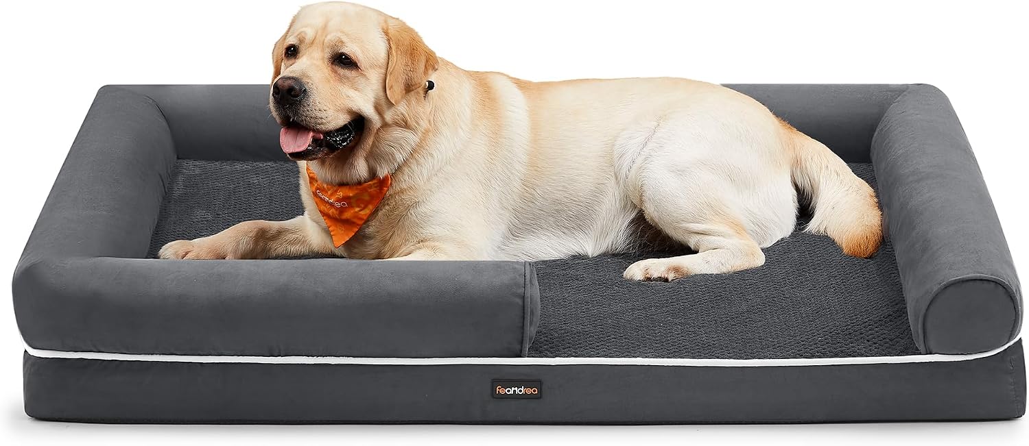 Feandrea Panier pour Chien Orthopédique — Canapé et Lit pour Animaux 135 x 102 x 23 cm, Gris Foncé