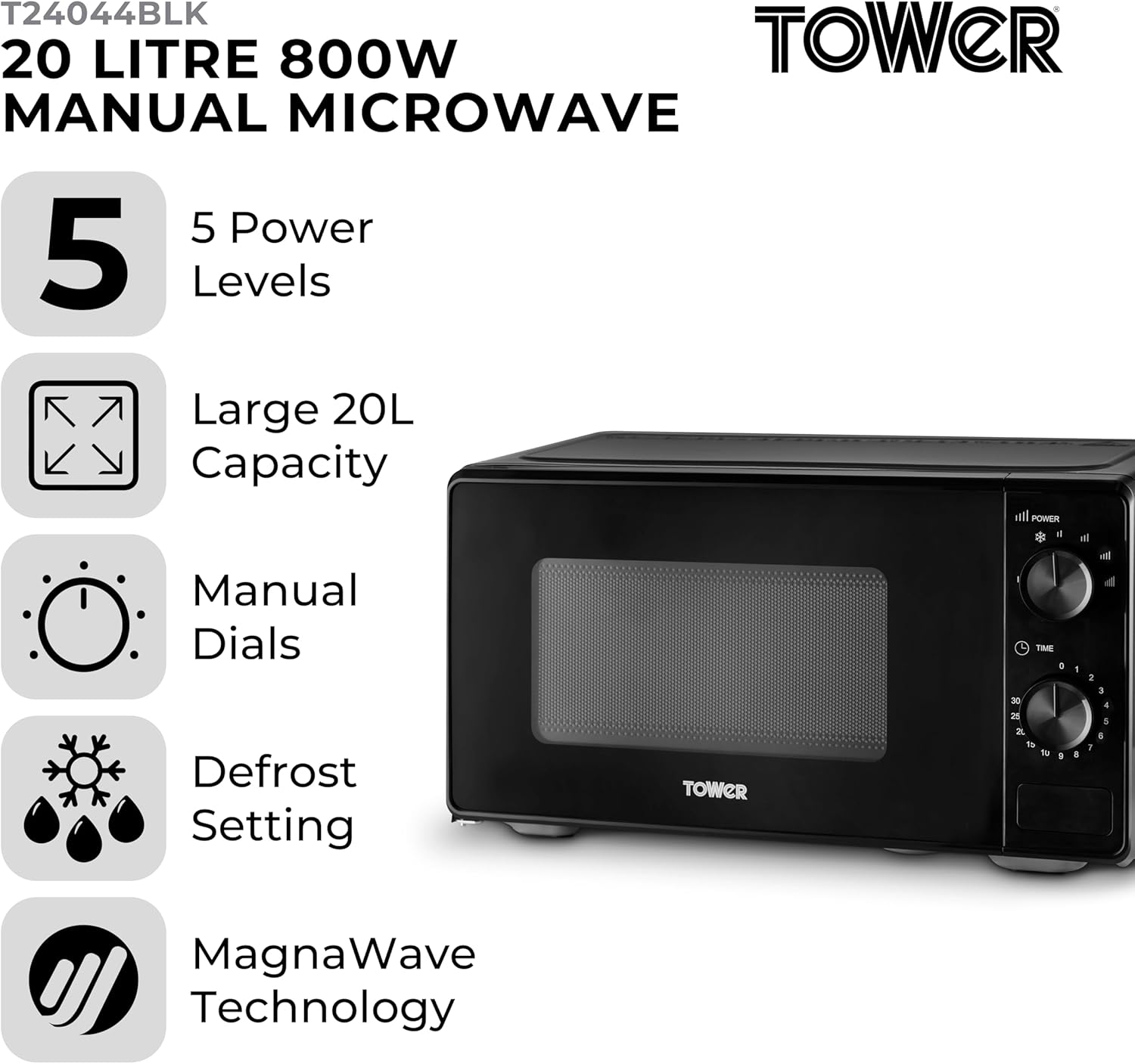 Detalle de Tower Manual 20 Litre 800W Microwave with Dial Controls (T24044BLK)