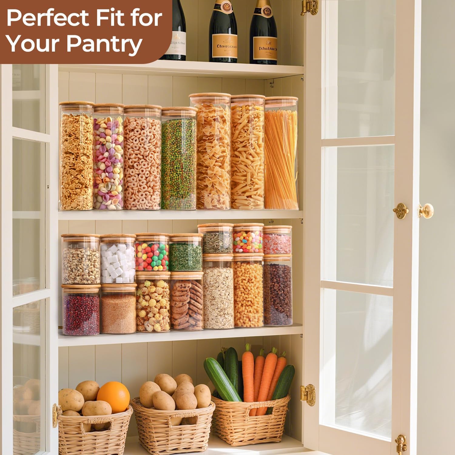 Thumbnail 5 de ComSaf Glass Spaghetti Pasta Storage Container (Set of 3, 2 Qt) with Wood Lids