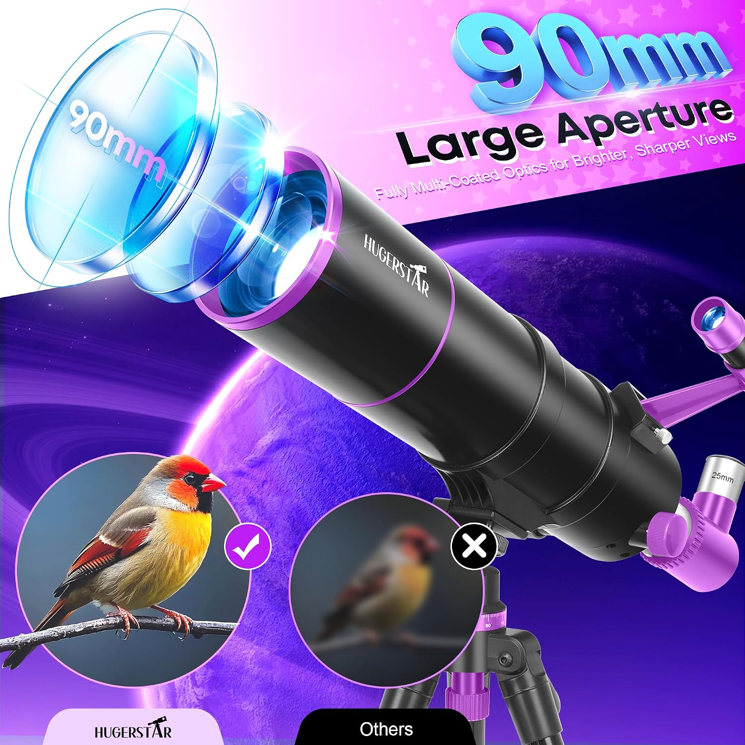 Detalle 2 de HUGERSTAR telescopio astronomico rifrattore 90/550 mm con treppiede regolabile, filtro lunare e adattatore per smartphone