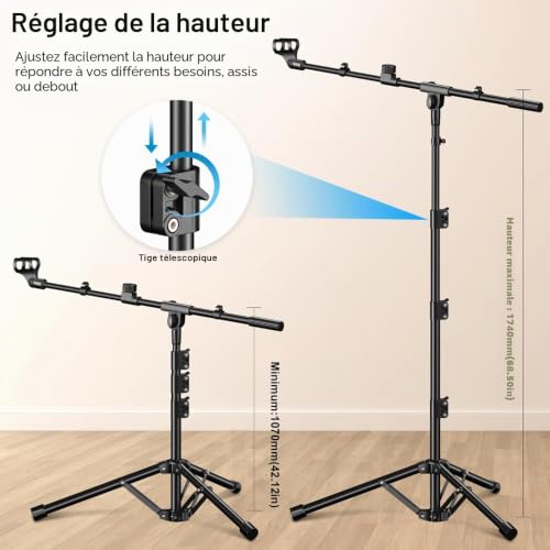 Detalle de Support de micro sur trépied ZOMON avec perche réglable et adaptateur pour baladodiffusion