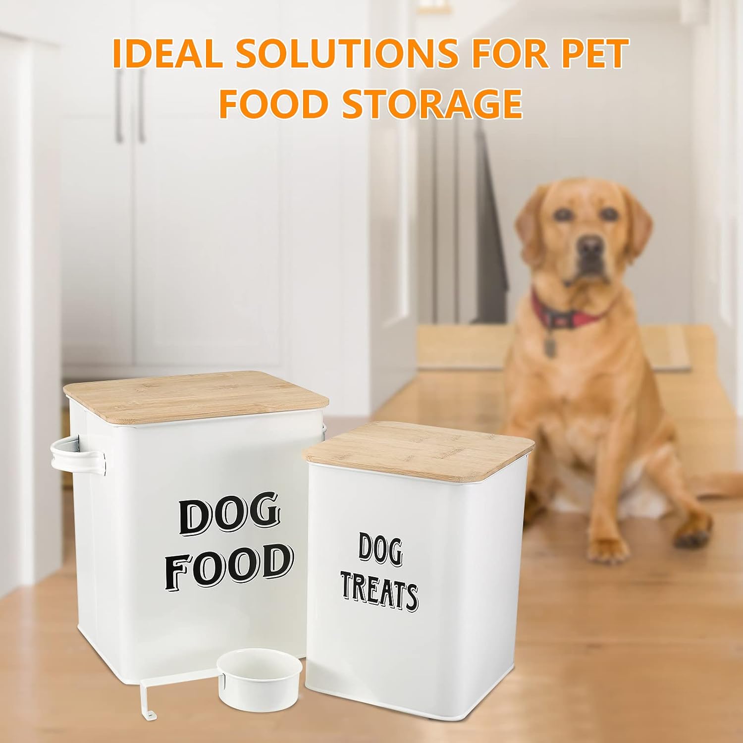 Detalle de Pet Food and Treats Containers Set with Scoop – Beige Powder-Coated Carbon Steel Tins, Tight-Fitting Wood Lids