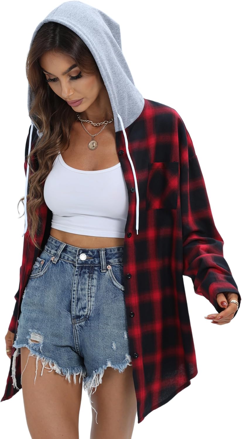 Thumbnail 6 de Damen Oversize Flanellhemd Hoodie von Jhsnjnr mit Karo-Muster und Knopfleiste