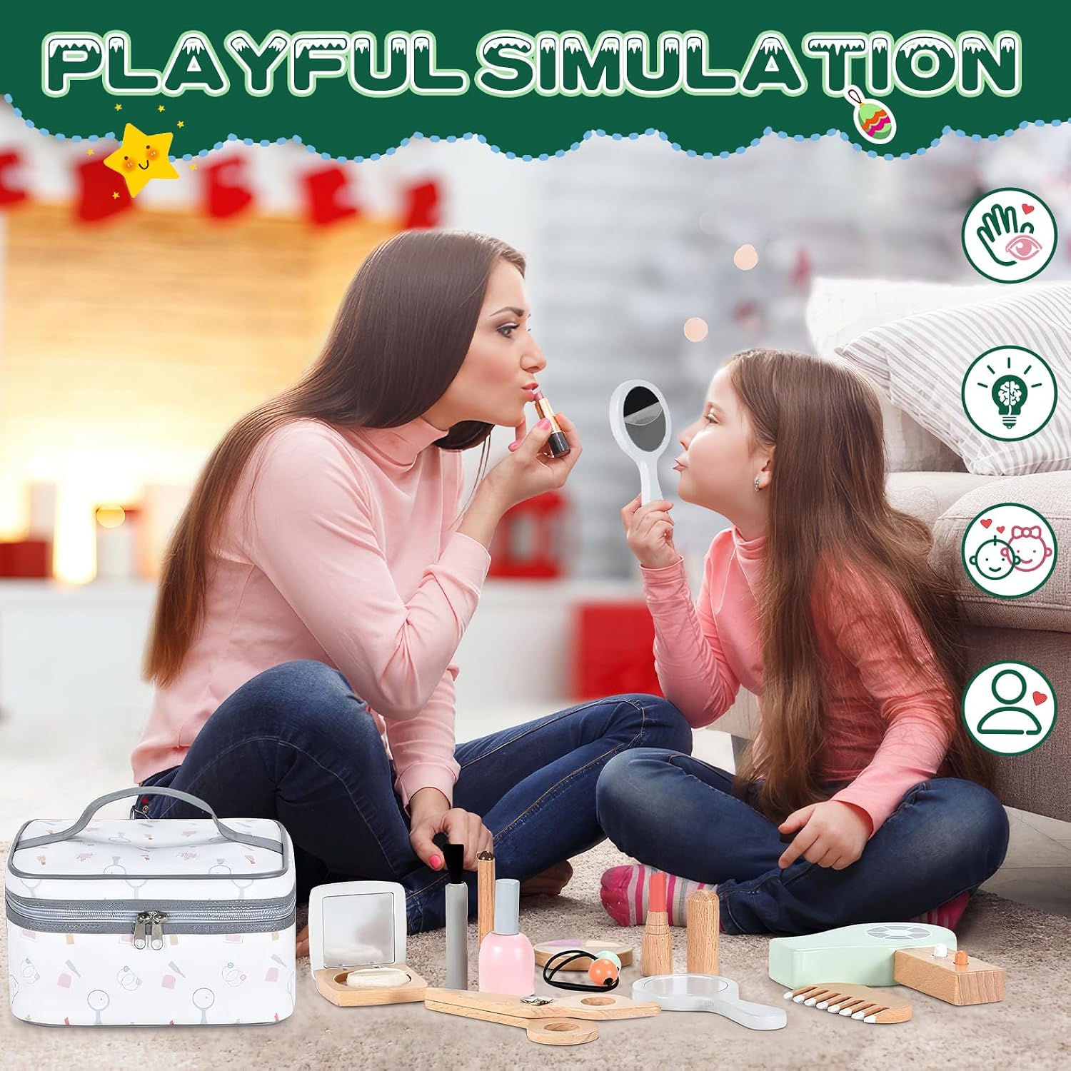 Thumbnail 4 de Wooden Makeup Toy Set, 16-Piece Pretend Beauty Salon Playset with Carrying Bag