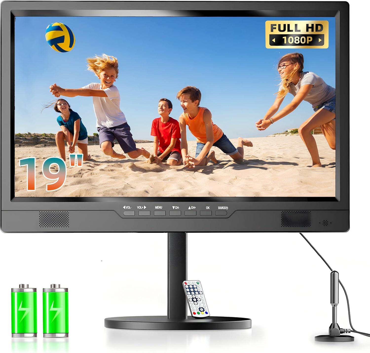 Desobry 19-inch 1080p Portable TV with built-in rechargeable battery, DVB-T2 and HDMI/USB inputs