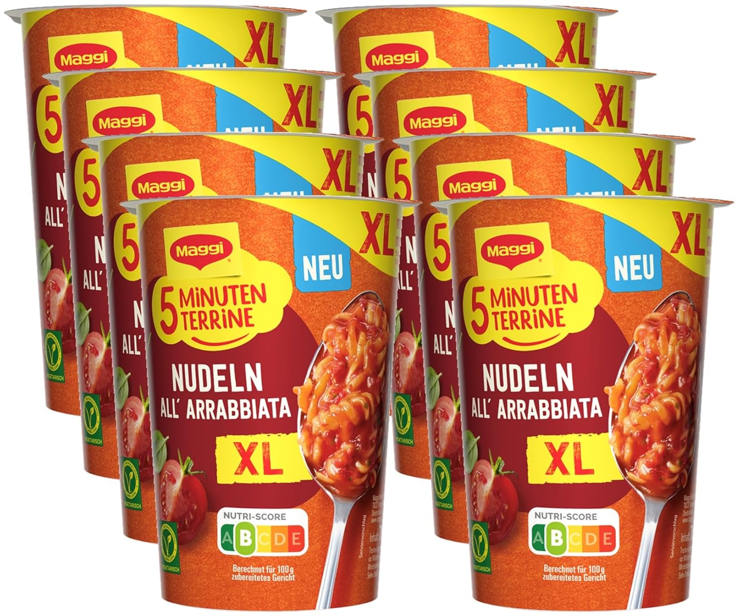 Detalle de MAGGI 5 Minuten Terrine XL Nudeln All' Arrabbiata – XL-Portion, vegetarisch, pikant (8 x 71 g)