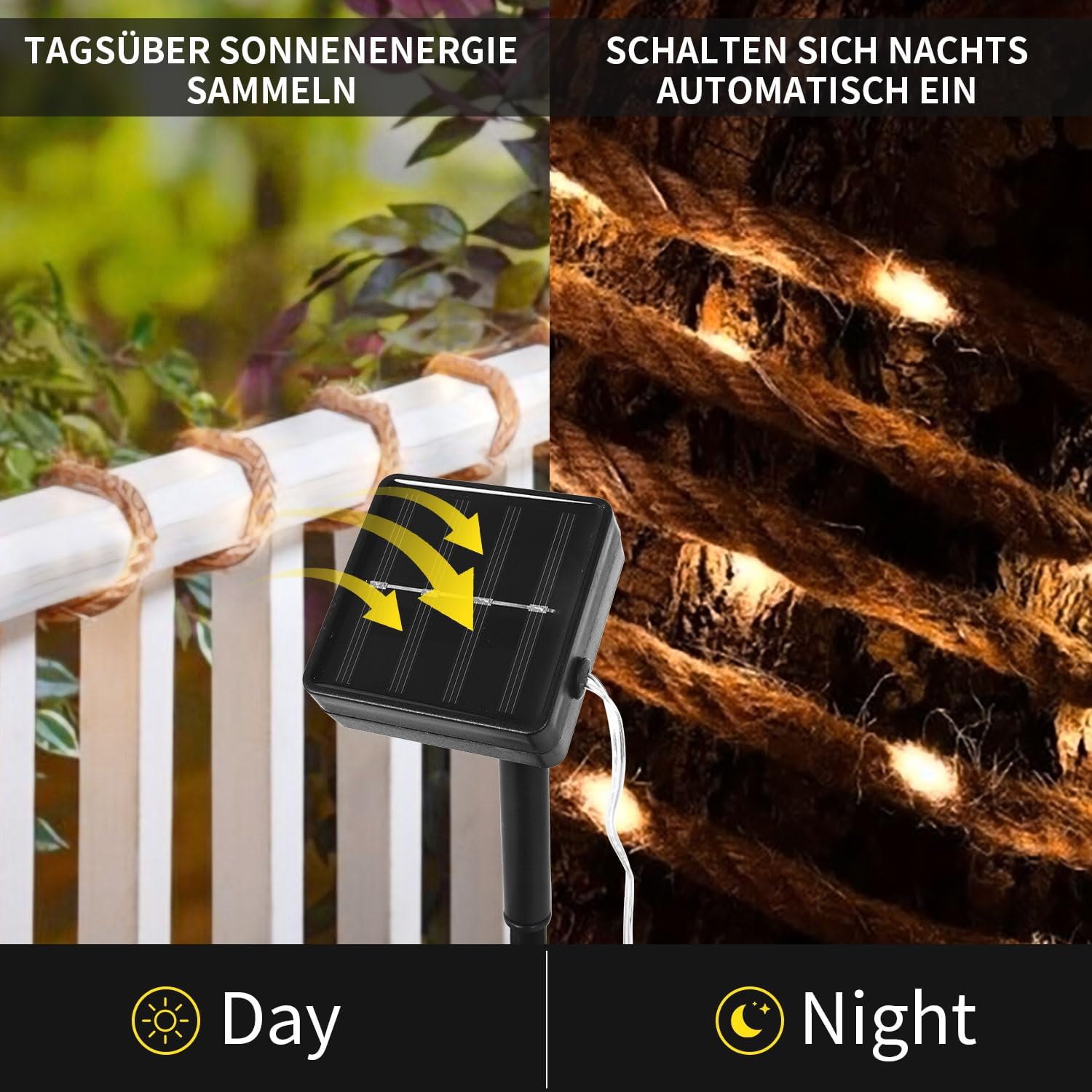 Thumbnail 3 de Gresonic LED Lichterkette Solar Seil Beleuchtung 40 LEDs – 3 m, warmweiß, IP44, Naturkordel