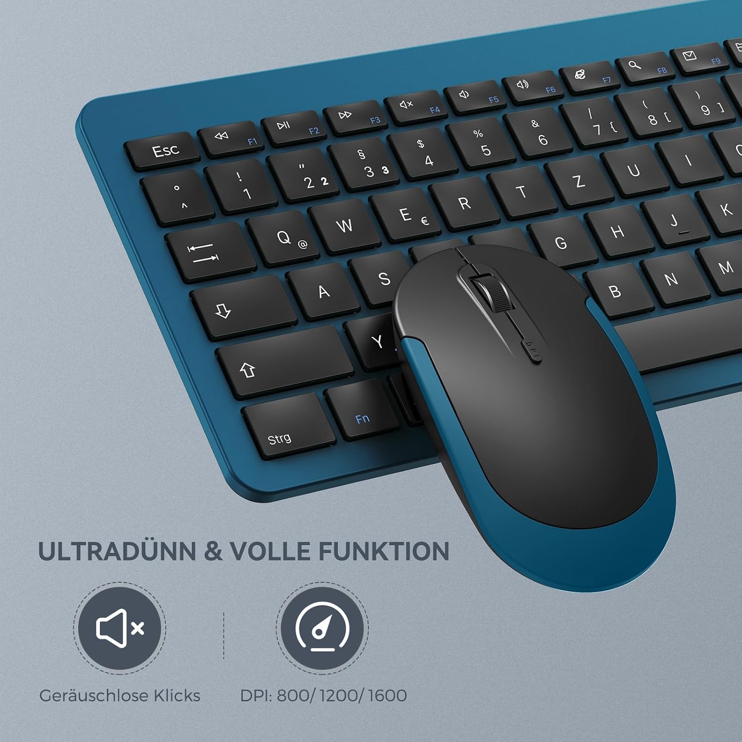 Detalle de seenda SK38-3 Tastatur-Maus-Set kabellos (QWERTZ, Schwarz/Blau) mit wiederaufladbarer Funk-Tastatur