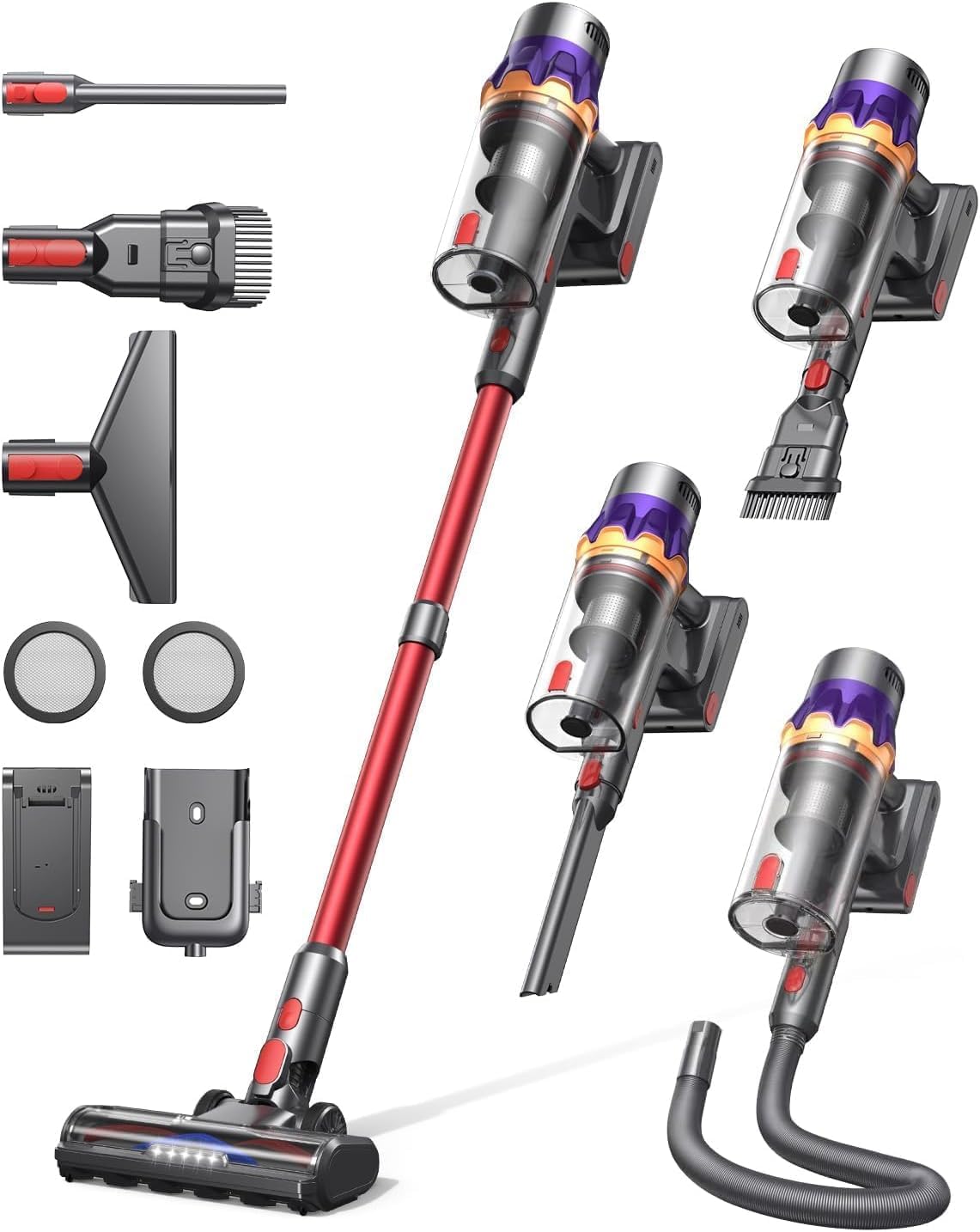 Detalle de 550W 45KPa Cordless Vacuum Cleaner – Self-Standing Stick with Auto Mode, 60 Min Runtime and Wall Mount (Red)