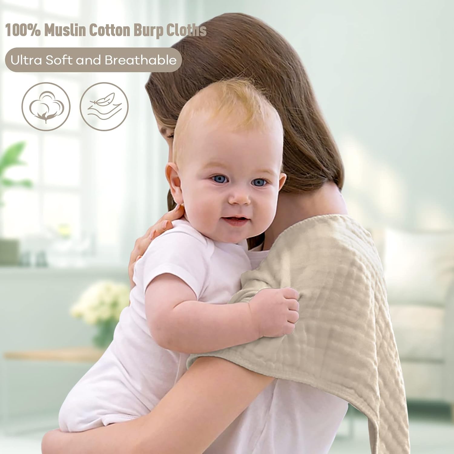 Detalle 2 de Yoofoss Baby Muslin Squares 10 Pack (30x50cm) 4-layer 100% cotton muslin cloths in Apricot