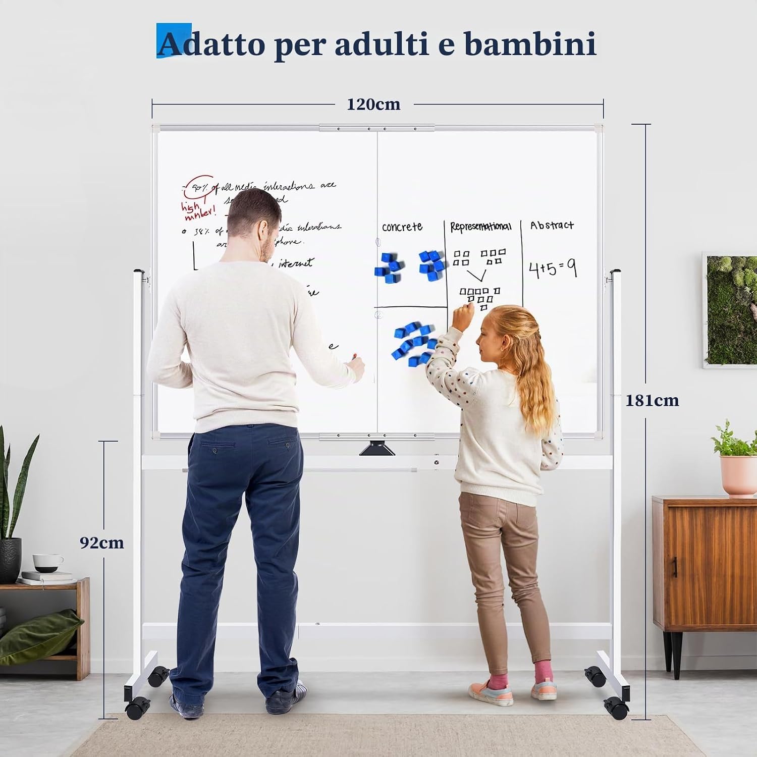 Thumbnail 2 de maxtek Lavagna Bianca Mobile con Supporto 120 x 90 cm (Doppia Faccia, Ruote e Rotazione a 360°)