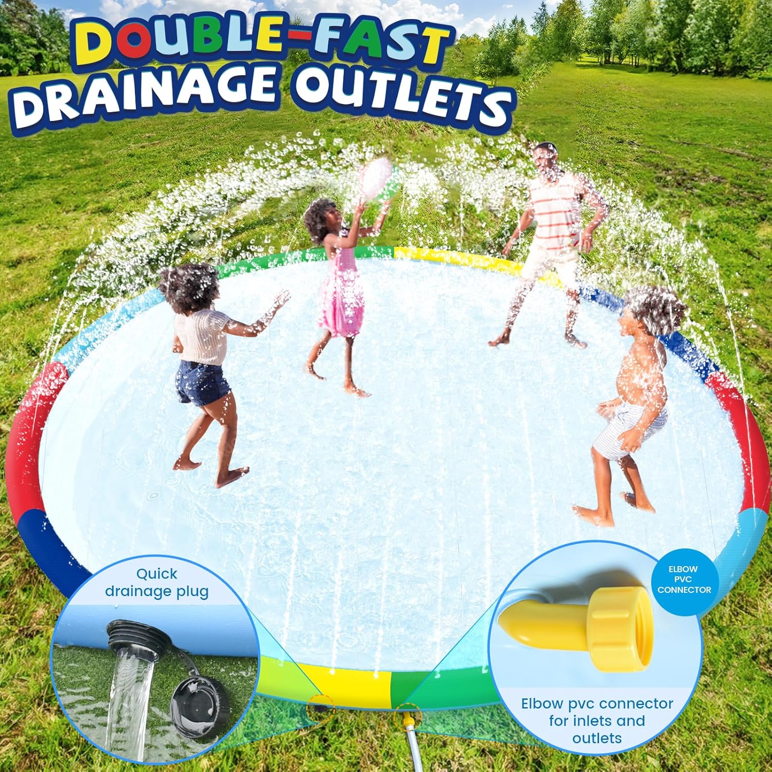 Detalle de ODOSOLA 16 FT Large Splash Pad for Kids: Non-Slip, 360° Sprinklers & Easy Drainage for Backyard Fun