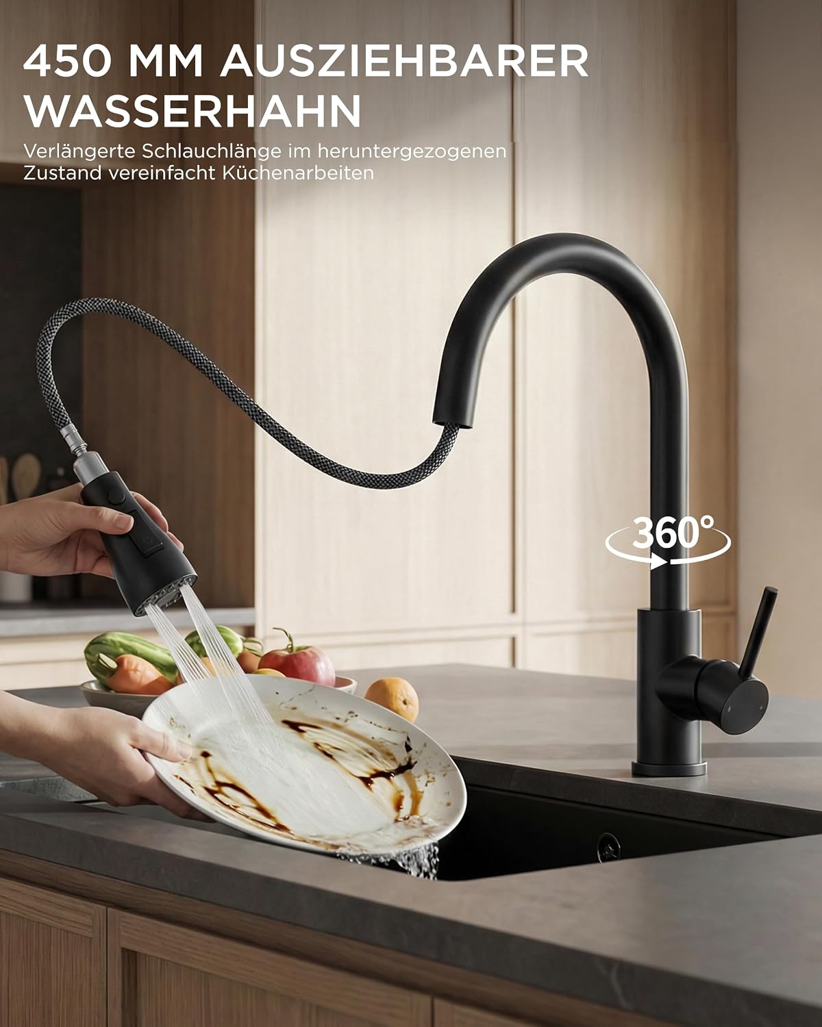Thumbnail 4 de FORIOUS Küchenarmatur Wasserhahn mit Brause, 360° schwenkbar, 2 Modi, matt schwarz