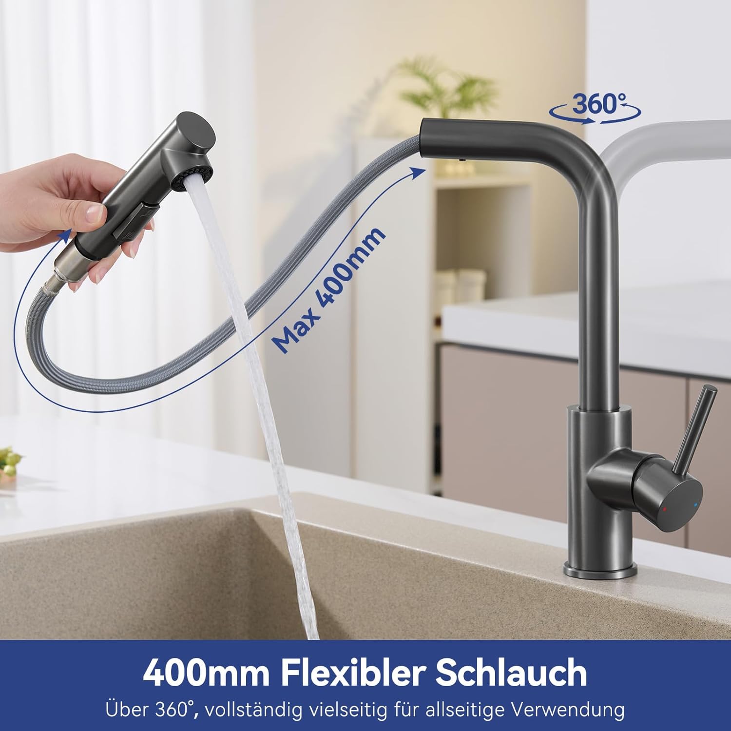 Thumbnail 2 de Sofetiy Küchenarmatur mit ausziehbarer Brause (2 Strahlarten) – Edelstahl 304, 360° drehbar, Gunmetal