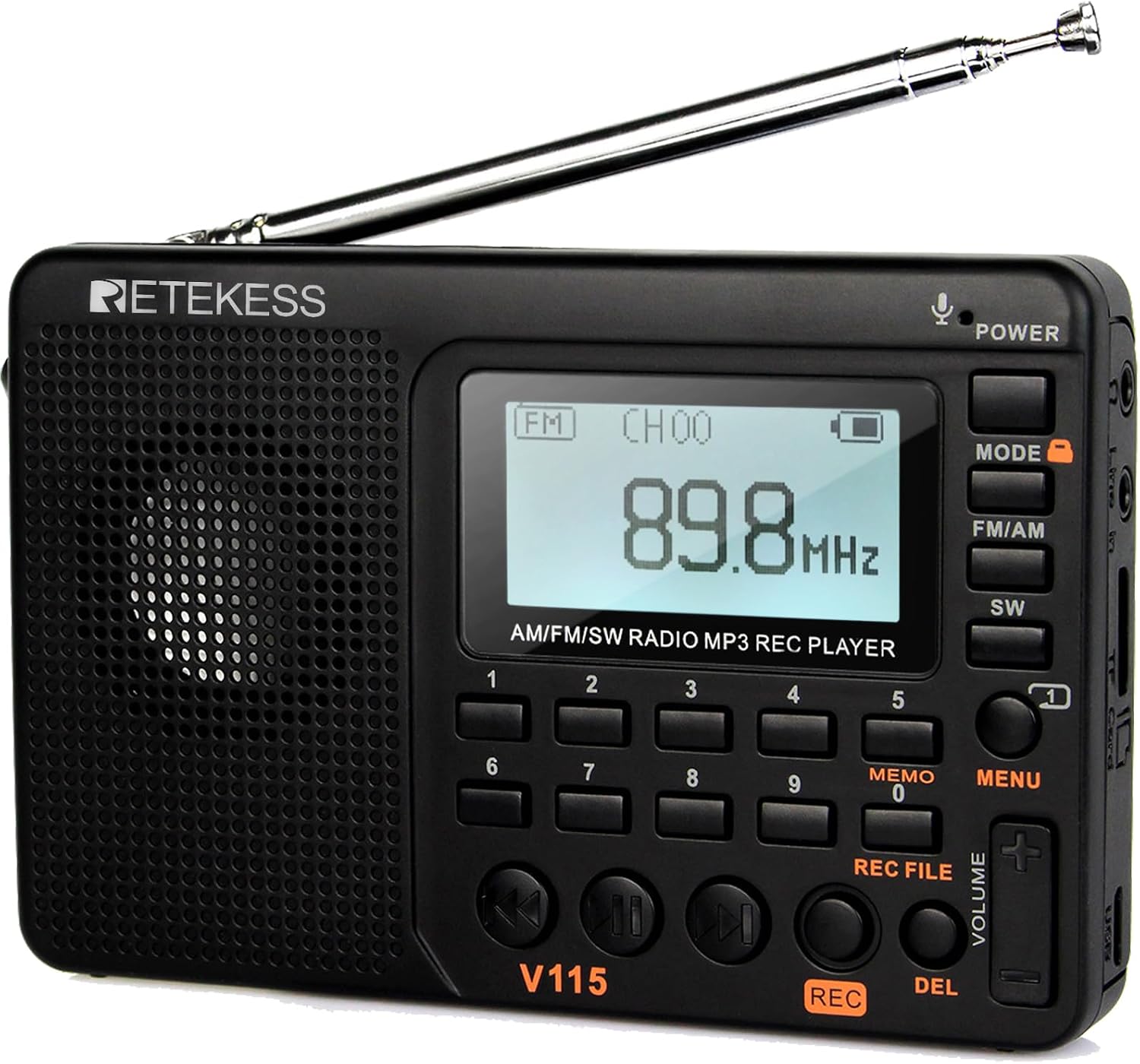 Detalle de Retekess V115 draagbare radio met AM/FM/SW, LCD-scherm en opnamefunctie