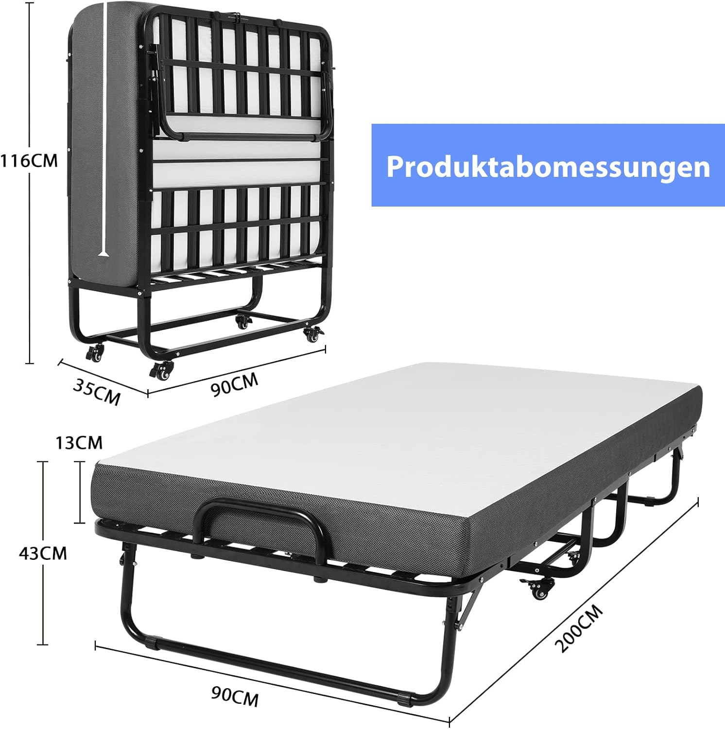 Detalle 2 de DICTAC letto pieghevole singolo con materasso 90x200 cm e materasso memory foam da 13 cm, struttura in metallo con ruote (fino a 200 kg) nero