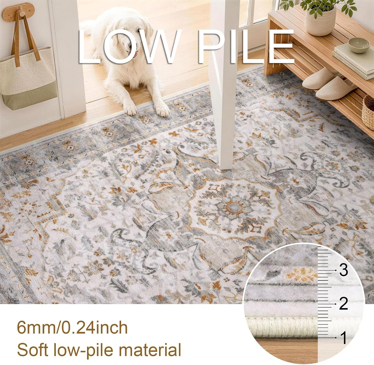Detalle de smiry 8x10 Washable Area Rug, Taupe Floral Low-Pile Non-Slip Carpet
