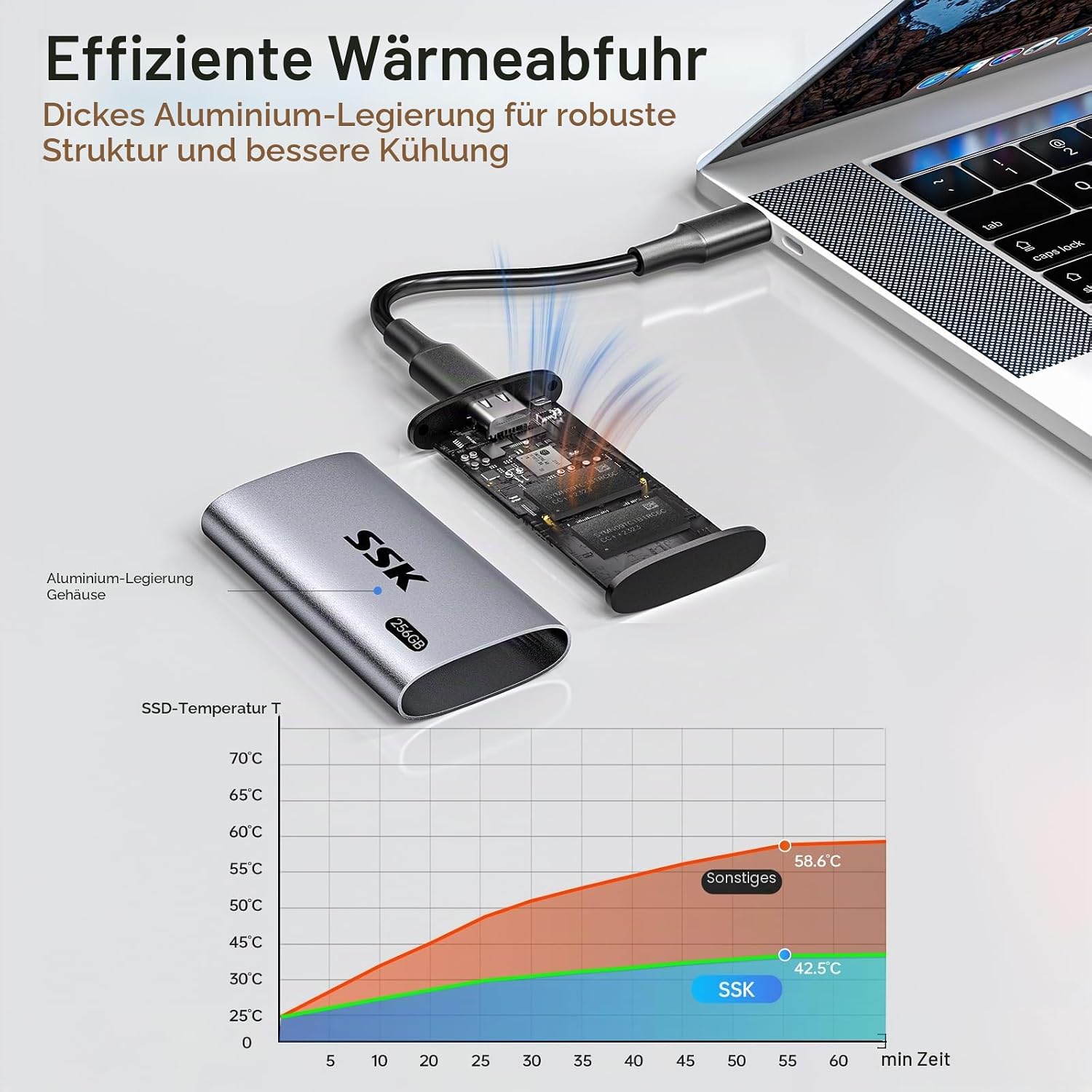 Detalle de SSK Externe SSD 256GB – USB 3.2 Gen2 Portable SSD mit USB-C/USB-A Kabel
