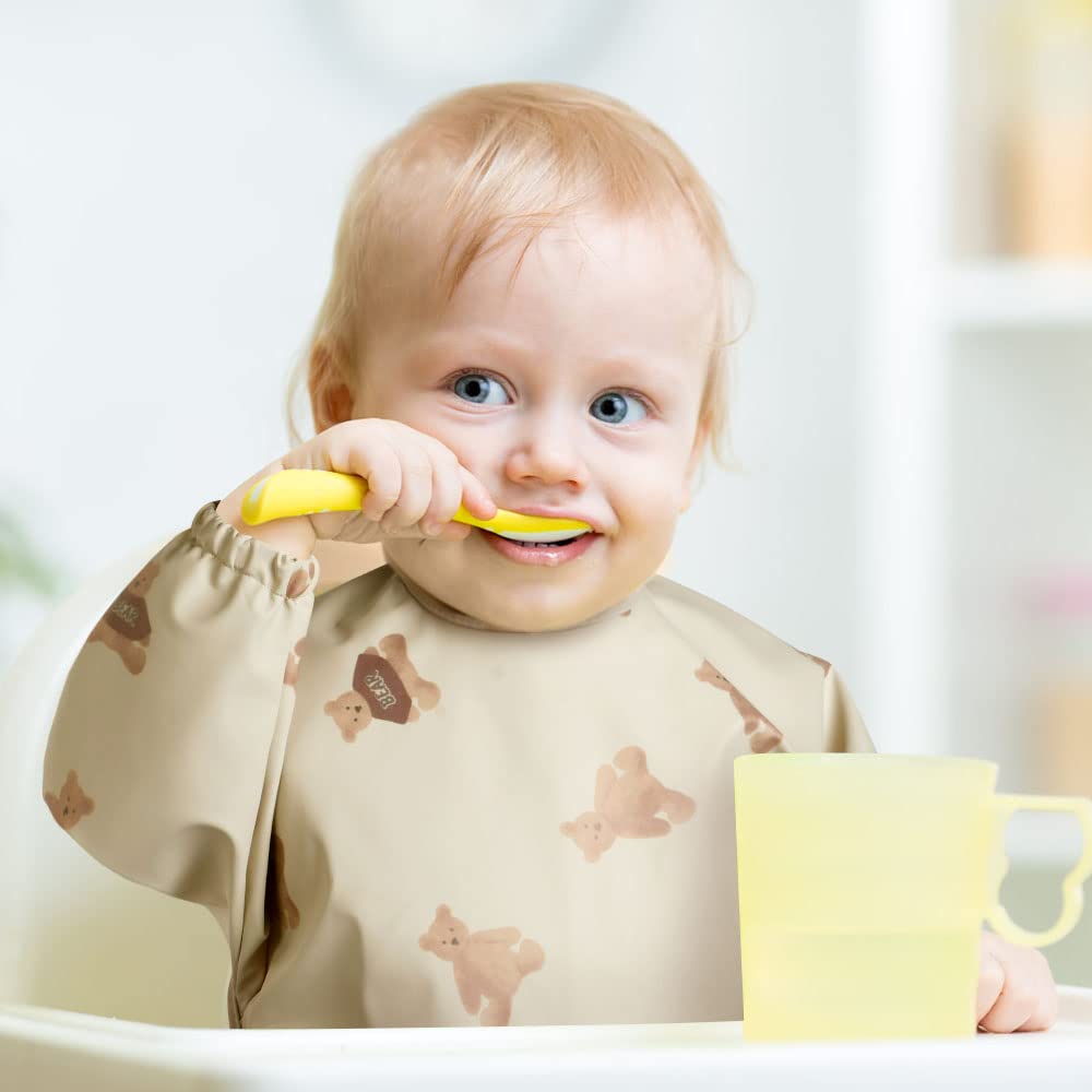 Detalle 2 de Vicloon Baby-Lätzchen mit langen Ärmeln, wasserdicht mit Tasche – beige (6–12 Monate)