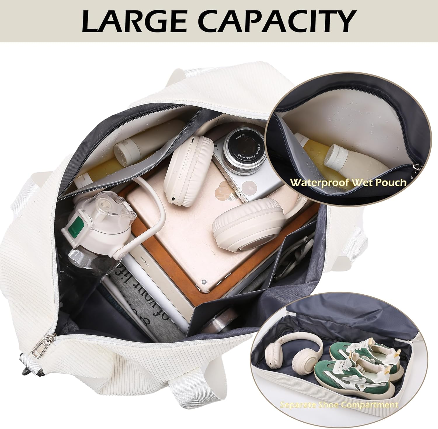 Detalle de IBALULU Sporttasche 35L – vielseitige Weekender mit Schuh- und Nassfach, Cord-Optik
