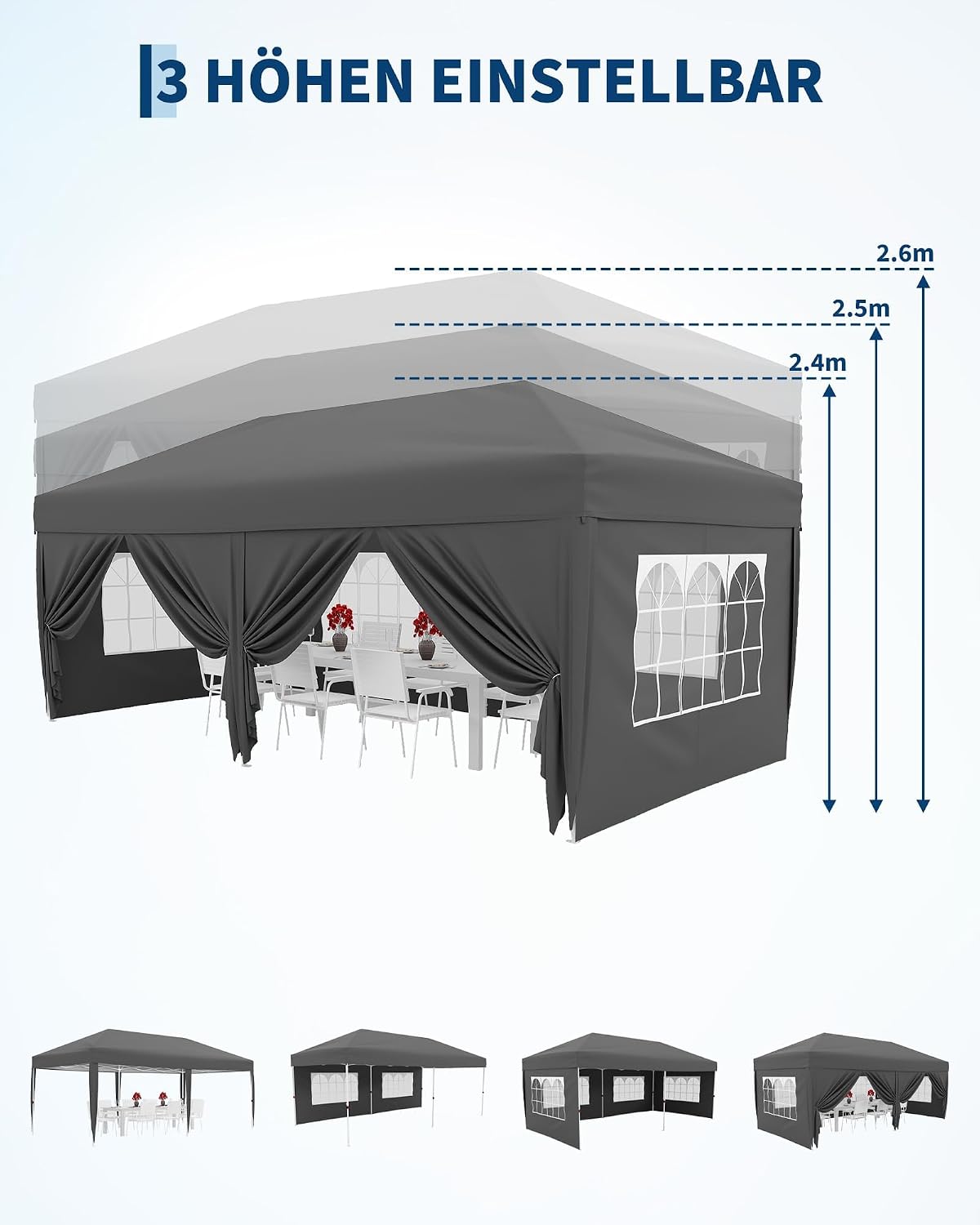 Detalle de Wasserdichter Pop Up Pavillon 3x6 m – UV-Schutz 50+, höhenverstellbar, faltbar & mit 6 Seitenwänden