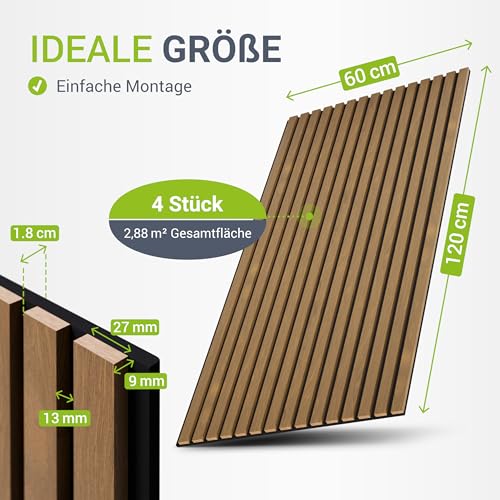 Detalle de Juskys Akustikpaneele 4er Set 120x60 cm Eiche Natur Dunkel – Wandpaneele mit schallabsorbierendem Stoff