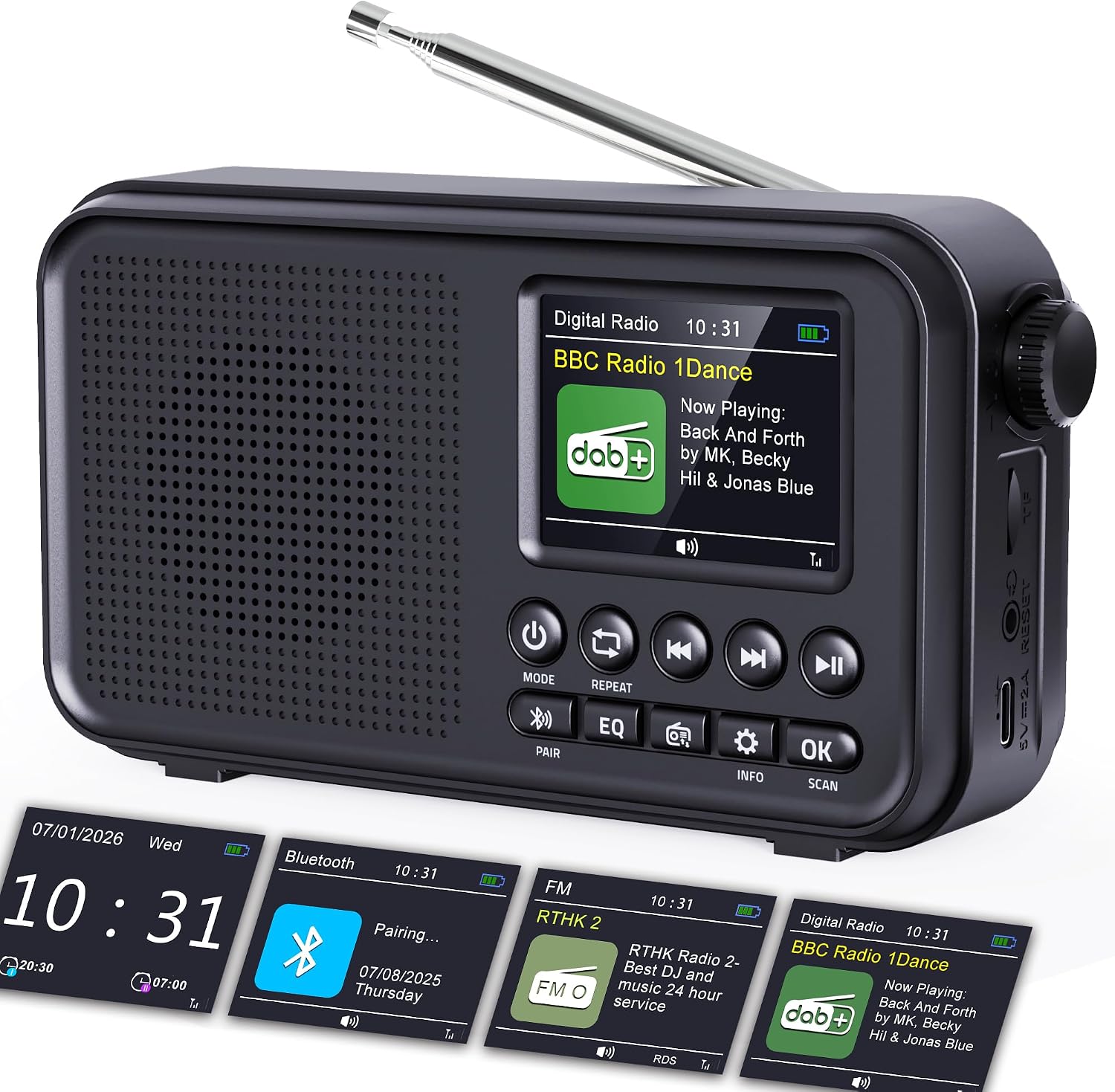 Detalle de ROCAM CR1031DAB draagbare DAB+/FM-radio met 3.000 mAh-accu en kleurenscherm