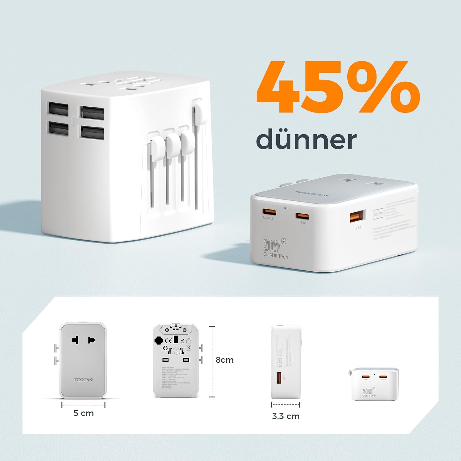 Detalle de TESSAN Reiseadapter Weltweit 20 W