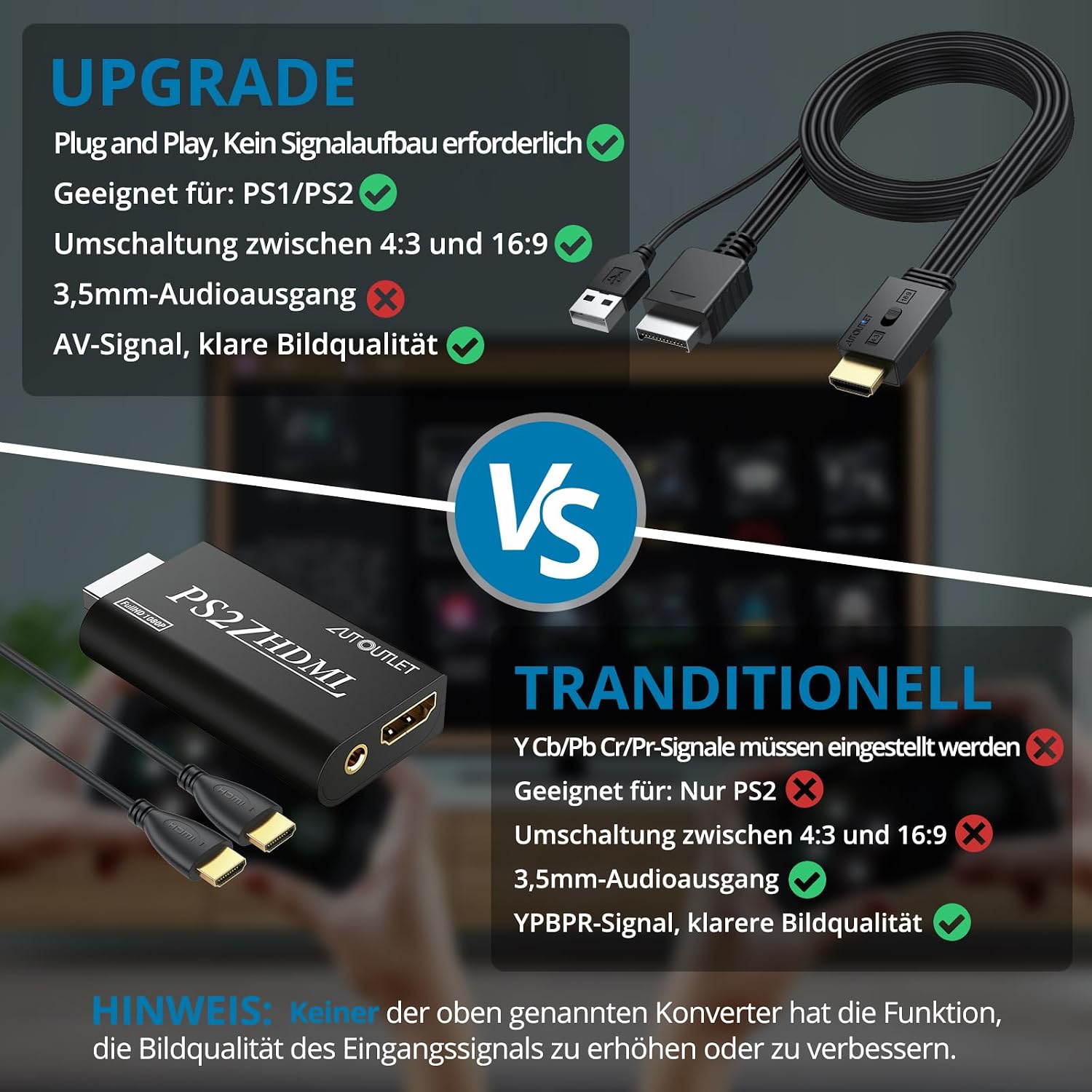 Thumbnail 5 de AUTOUTLET PS1/PS2 auf HDMI Adapter – Plug & Play, 1080p, 4:3/16:9 Konvertierung, 150 cm Kabel