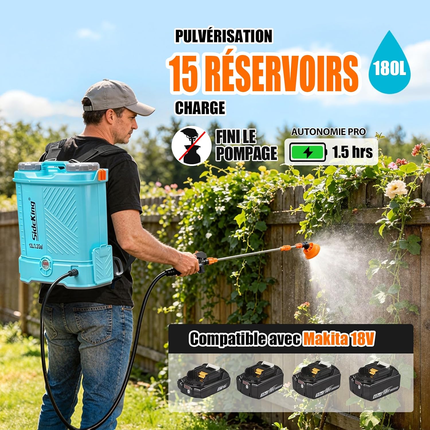 Detalle de SideKing Pulvérisateur à Dos 12L – Électrique 18V, 5,5 Bar, Lance Télescopique et Soutien Lombaire
