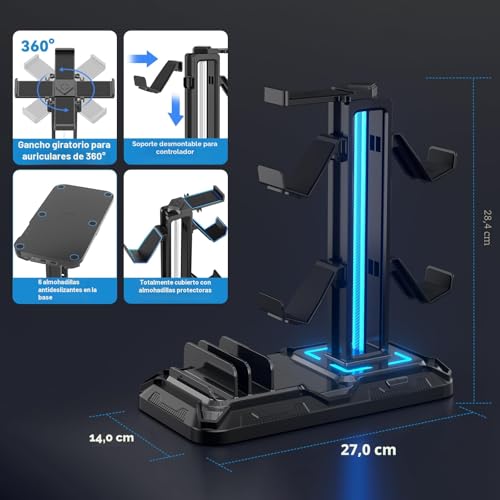 Detalle de KDD Soporte Auriculares Gaming y Mando con Puertos de Carga USB Tipo C