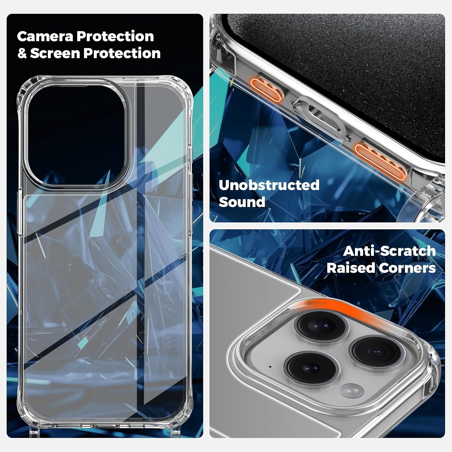 Detalle de OLEPHY Cover trasparente con cordino per iPhone 15 Pro Max 6,7" con tracolla regolabile antiurto e anti-graffio, blu