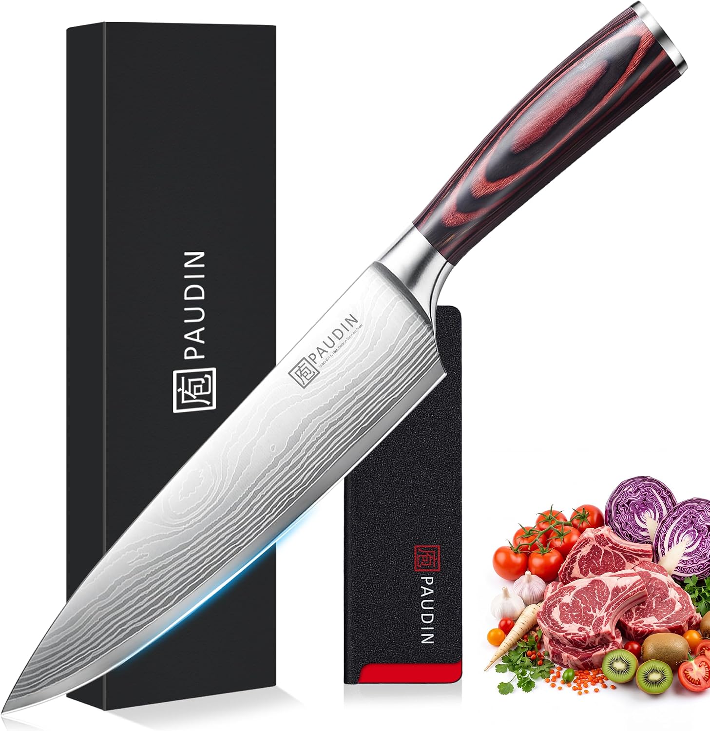 Detalle de PAUDIN DE-N1 kockkniv, 20 cm smitt blad i rostfritt stål med trähandtag