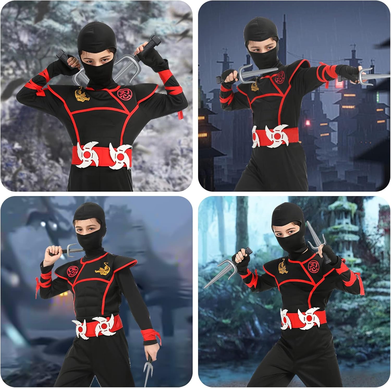 Detalle 2 de Aomig Ninja Kinderkostüm-Set 13-teilig – Verkleidung für Jungen und Mädchen