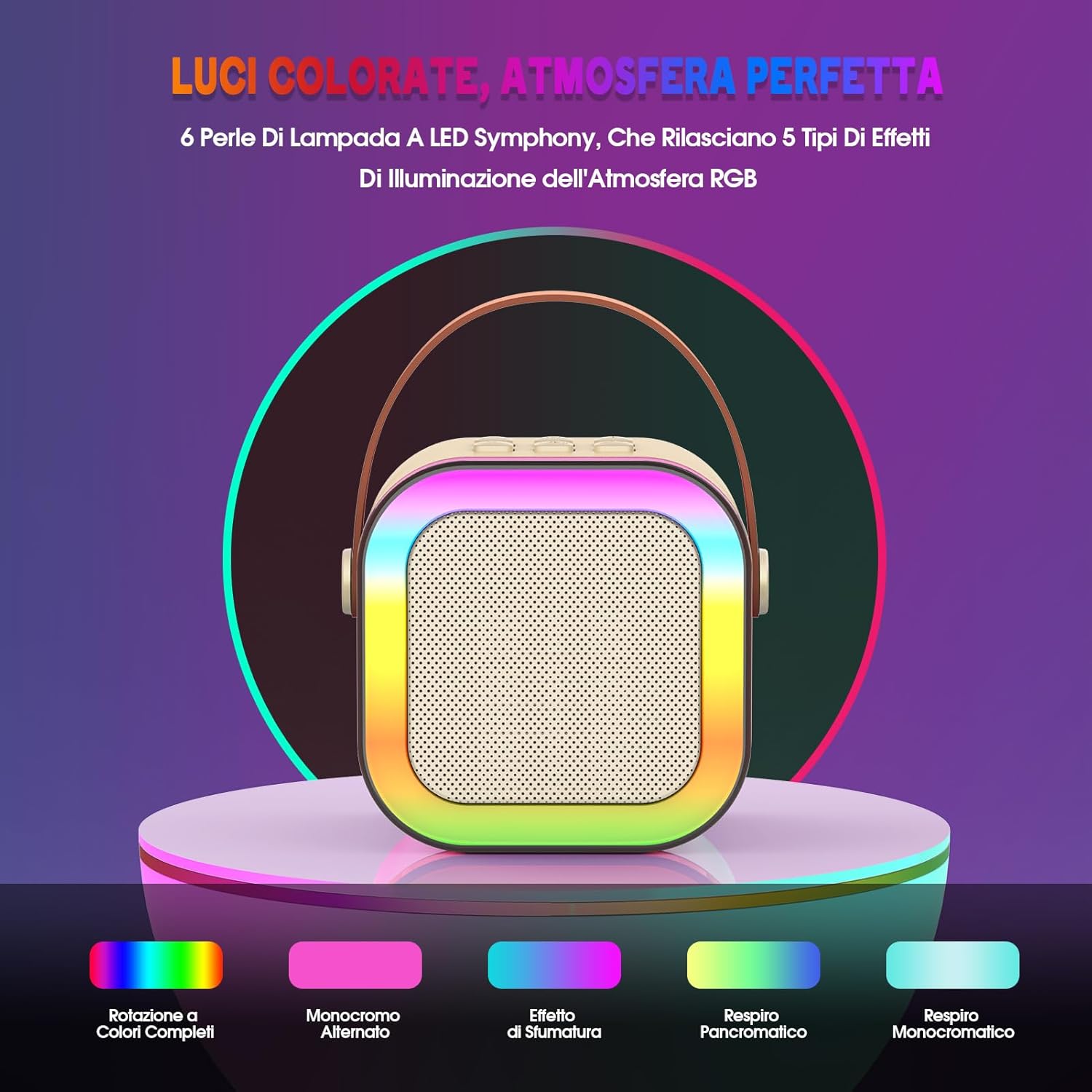 Detalle 2 de Dislocati Regalo Bambina 3-12 Anni: Karaoke Bluetooth Compatto con Luci e Voci Magiche