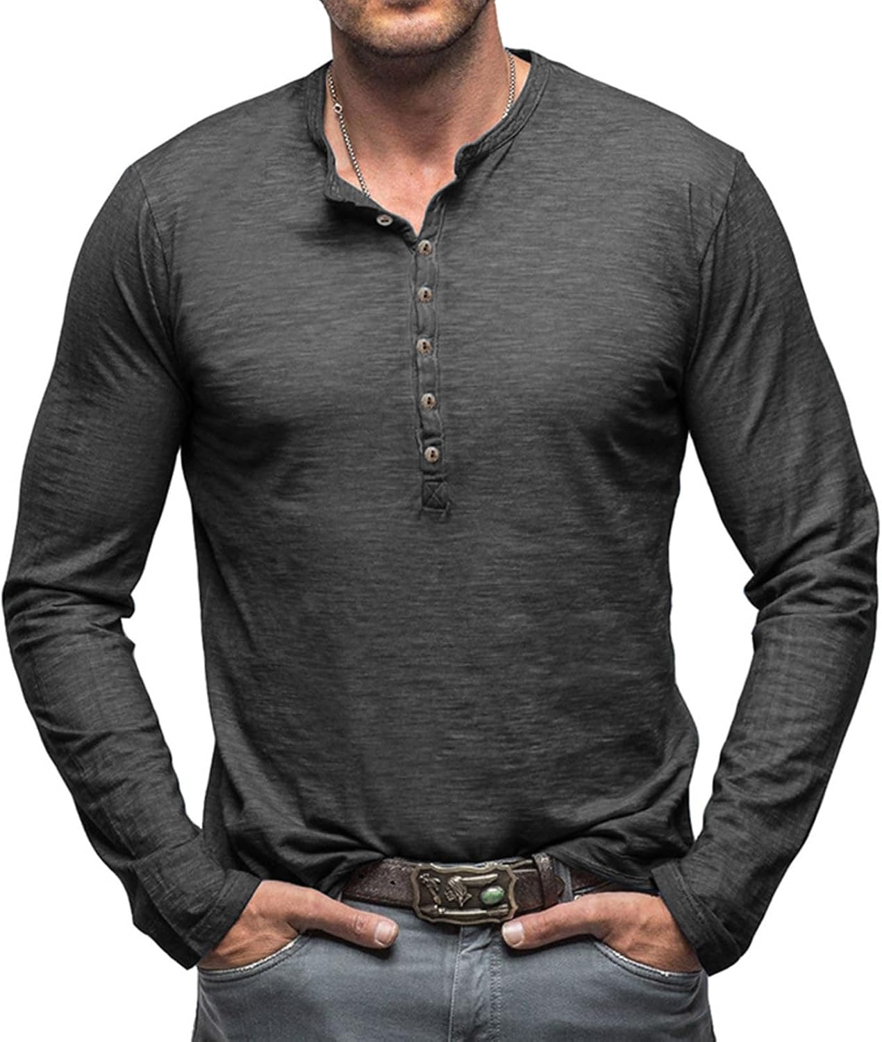 Thumbnail 5 de Henley Langarm T‑Shirt Herren – Langarmshirt mit Knopfleiste, V‑Ausschnitt, Vintage Slim Fit (M–3XL)