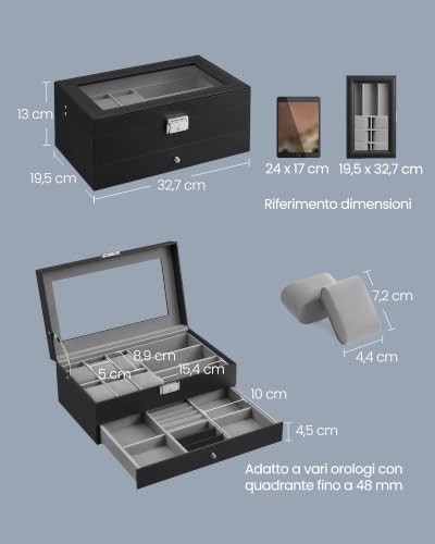 Detalle 2 de SONGMICS Porta Orologi a 6 Posti con Cassetto e Coperchio in Vetro – OrganizerElegante per Reparto Accessori