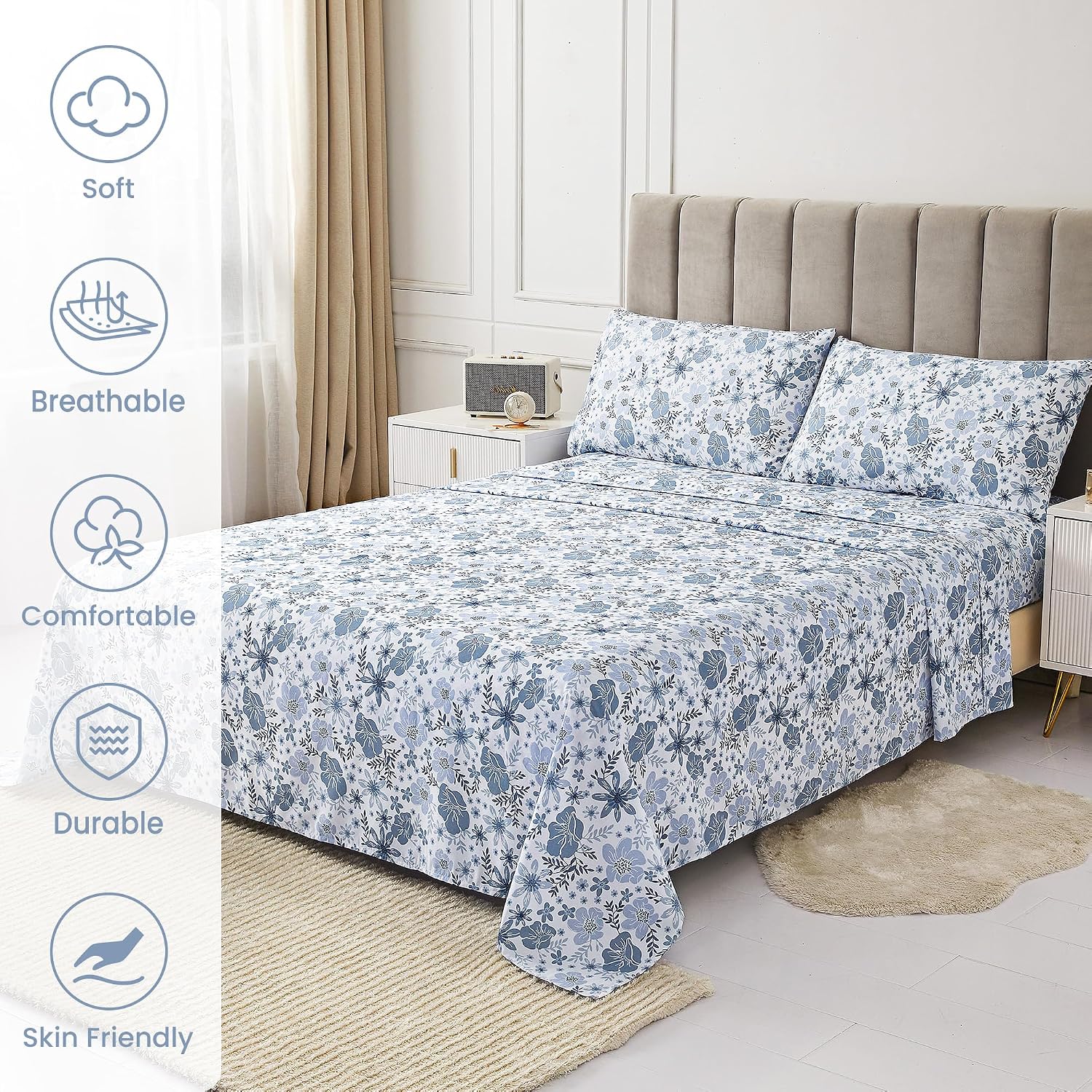 Detalle de Mooreeke Floral Queen Microfibre Sheet Set, Blue Vintage Print, Deep-Pocket Fitted Sheet