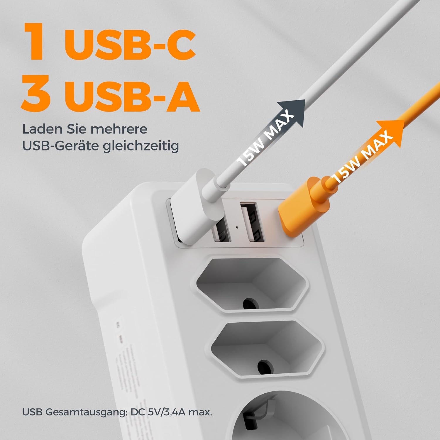 Detalle de TESSAN 7-i-1 vägguttag med 3 eluttag, 4 USB-portar och 4000 W